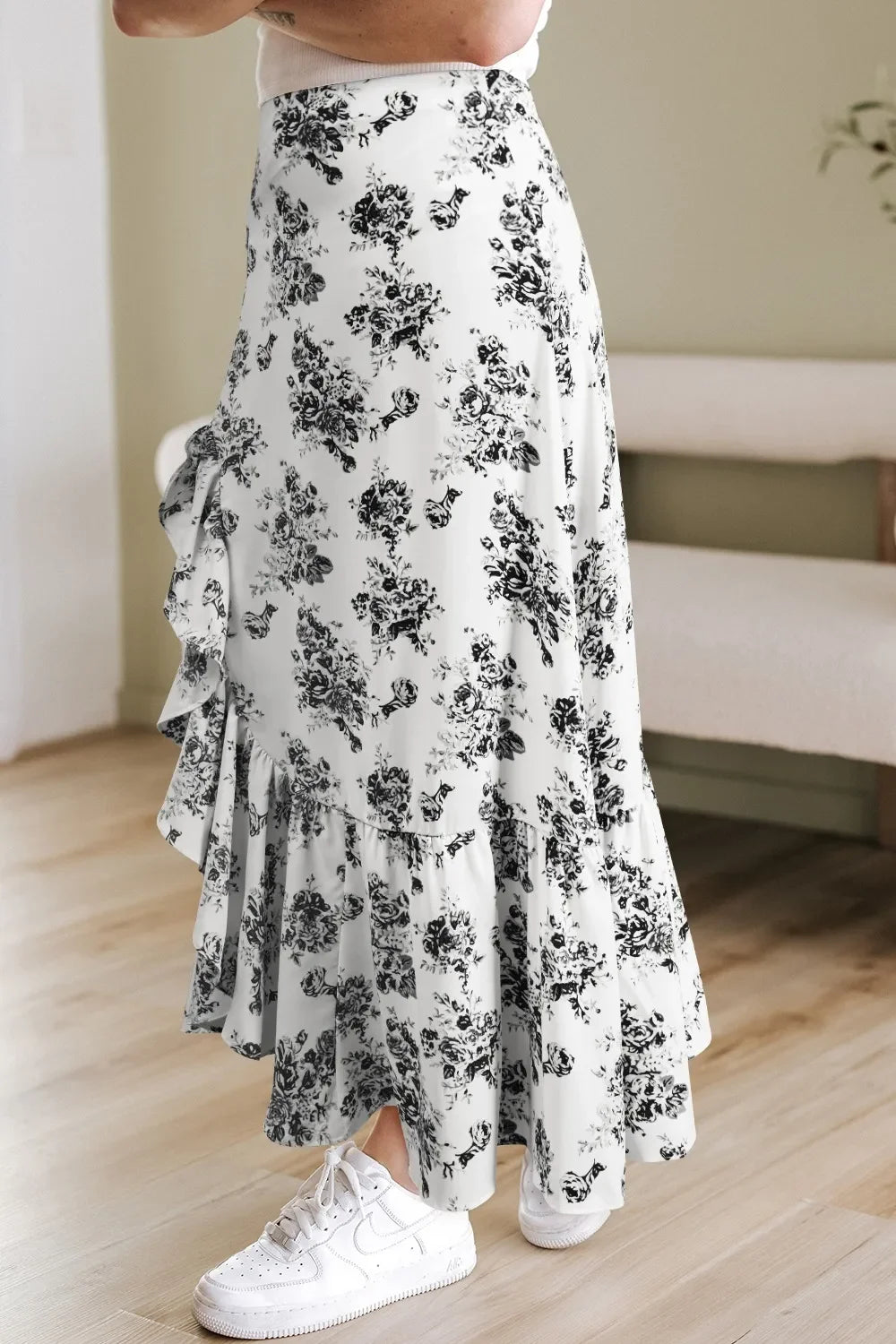 Boho Floral High Waist Ruffle Split Maxi Skirt - minbolu -