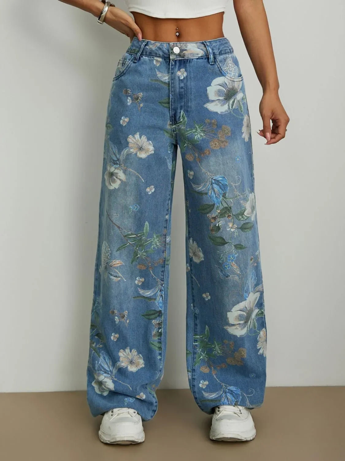 Printed Wide Leg Jeans - minbolu -