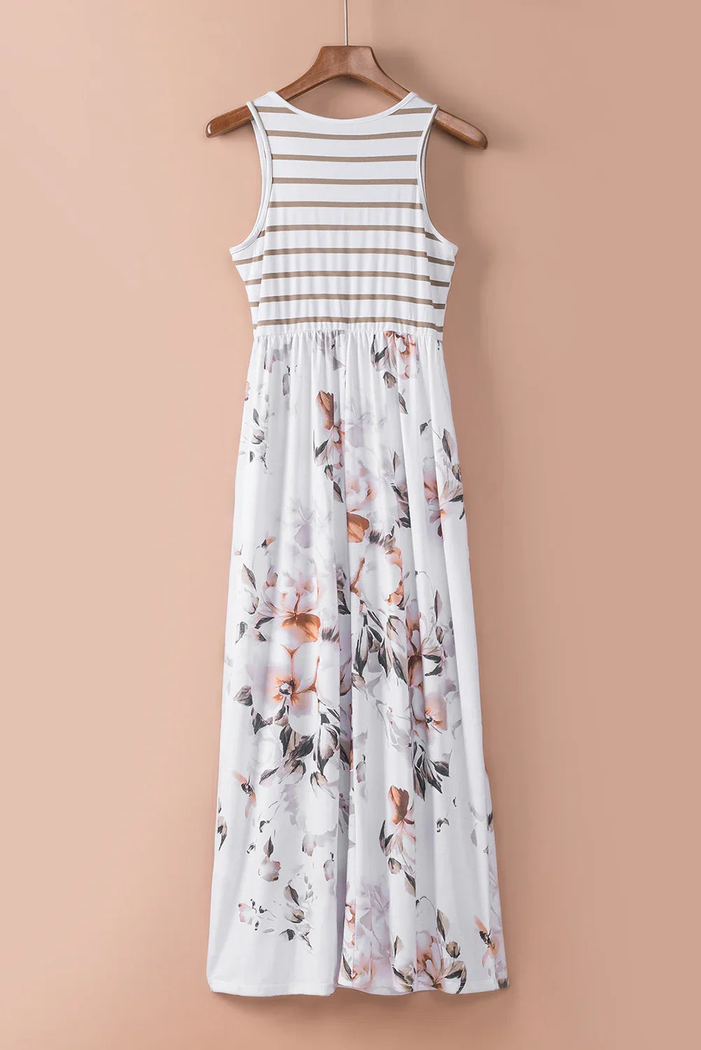 White Boho Stripes & Floral Print Floor Length Tank Dress - minbolu -
