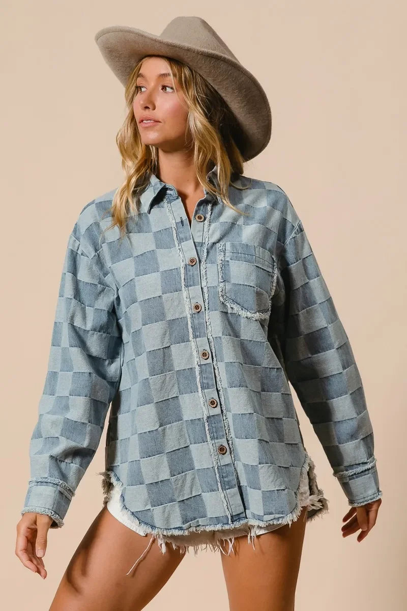BiBi Frayed Edged Detail Washed Checker Denim Shirt - minbolu -