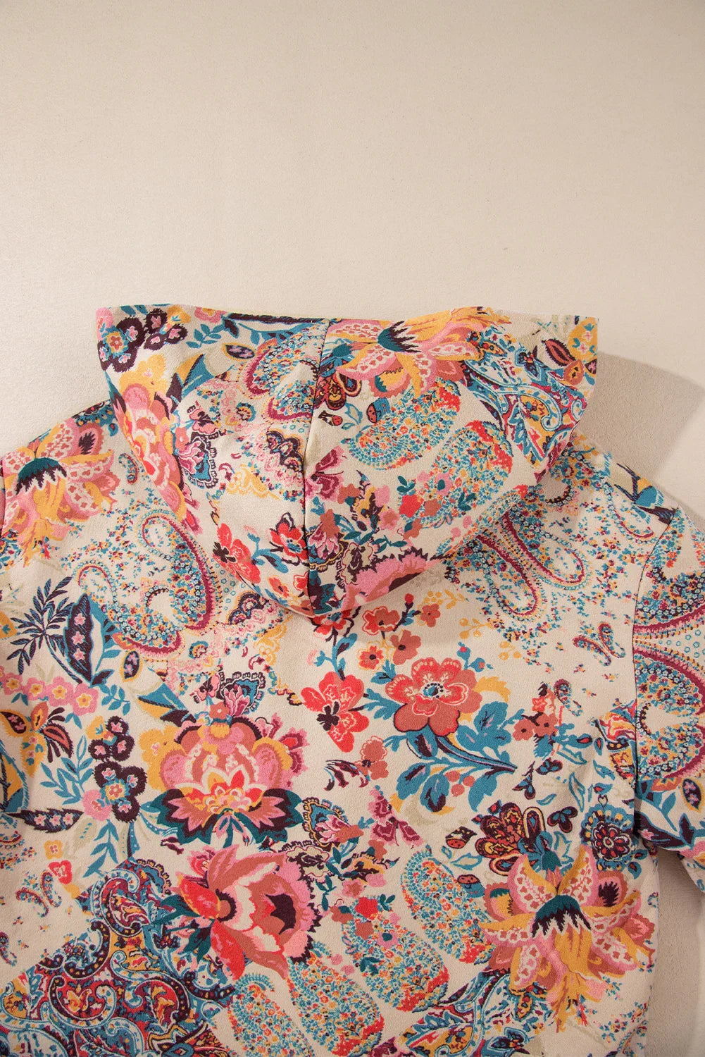 Beige Vintage Paisley Floral Printed Sherpa Lined Hooded Jacket - minbolu -