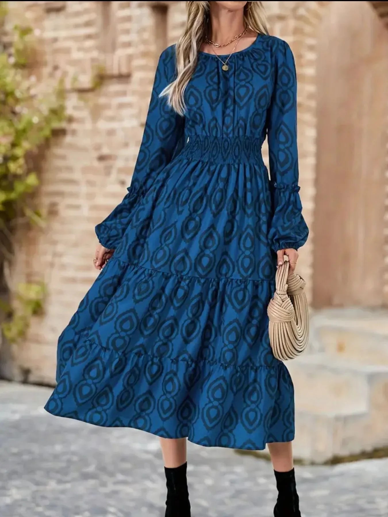 Printed Round Neck Balloon Sleeve Dress - minbolu -
