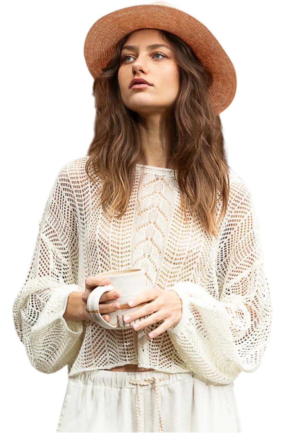Openwork Balloon Sleeve Knit Cover Up - minbolu -
