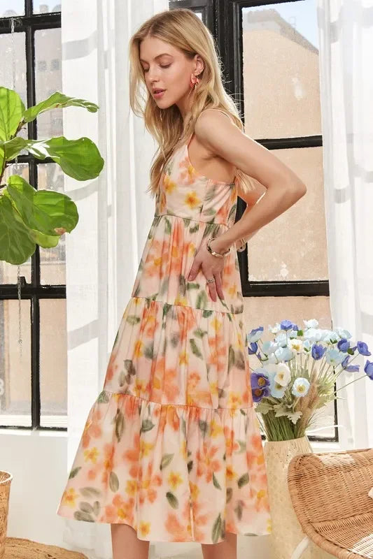 Boho Midi Dress - ADORA Smocked Back Floral Adjustable Strap Women's Dress - minbolu -