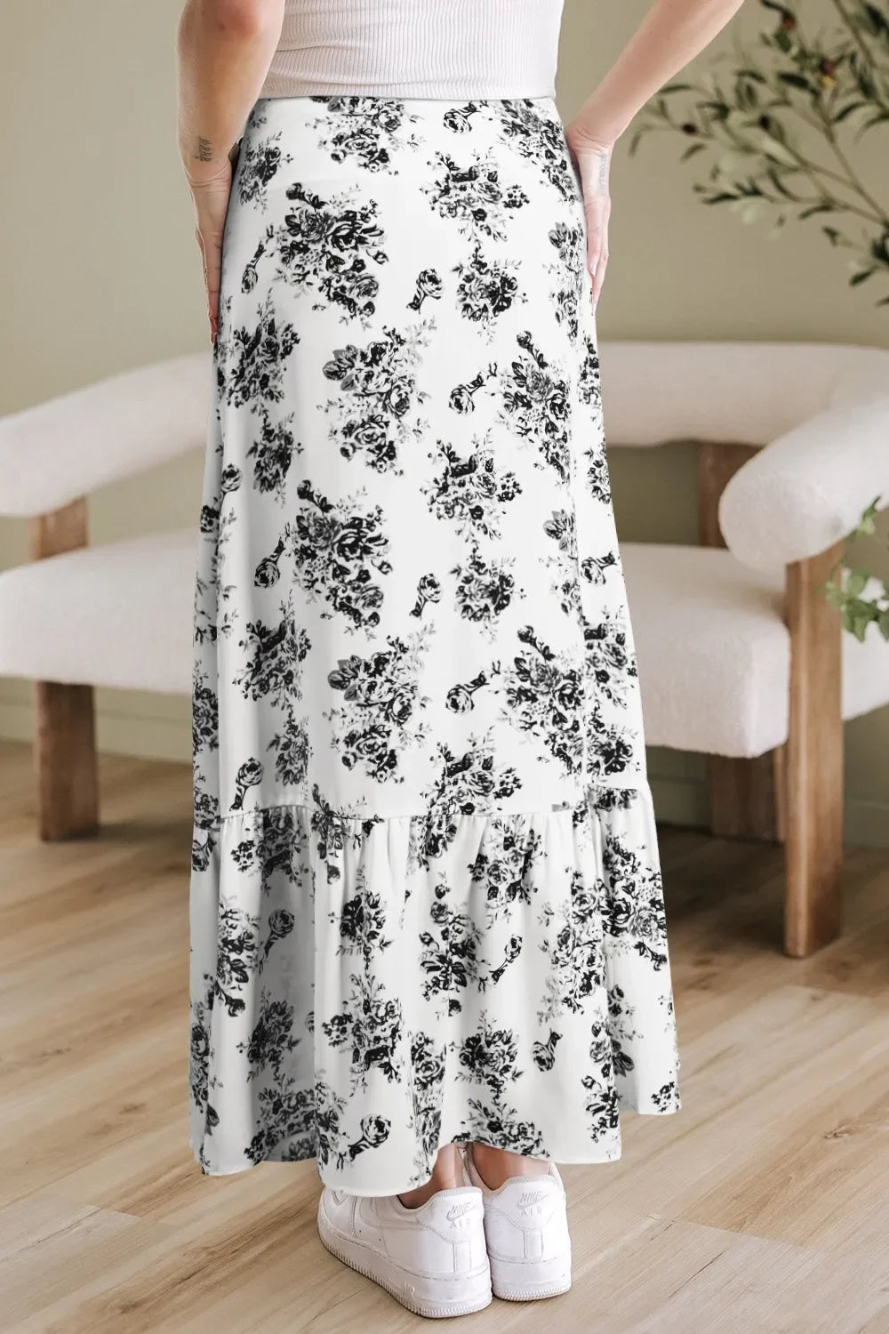 Boho Floral High Waist Ruffle Split Maxi Skirt - minbolu -