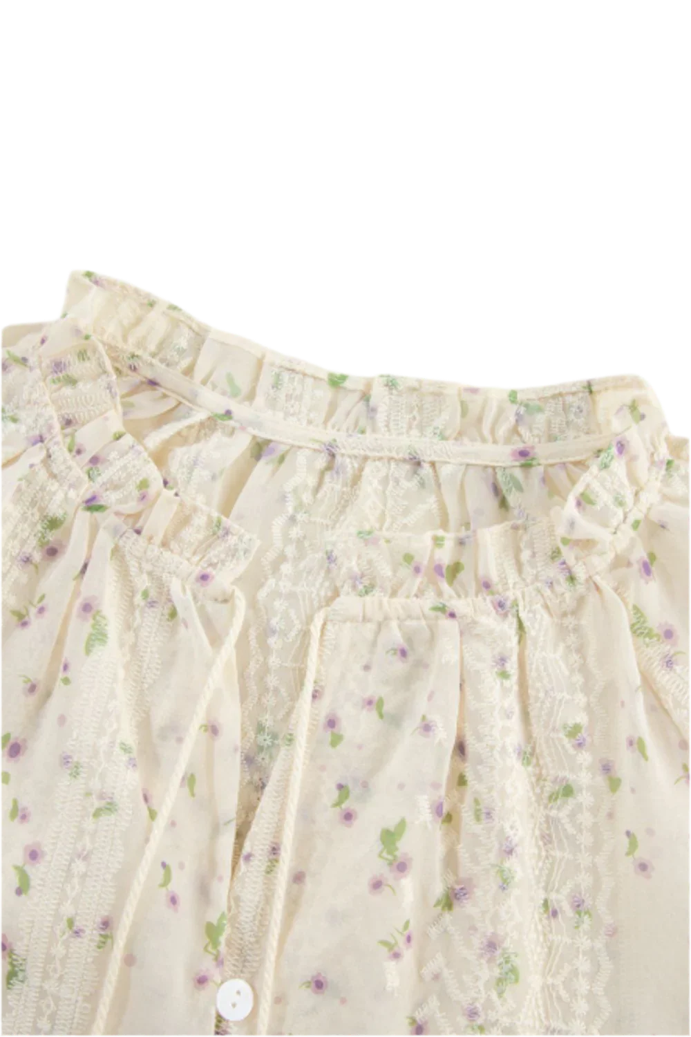 Frill Lace Detail Printed Long Sleeve Blouse - minbolu -