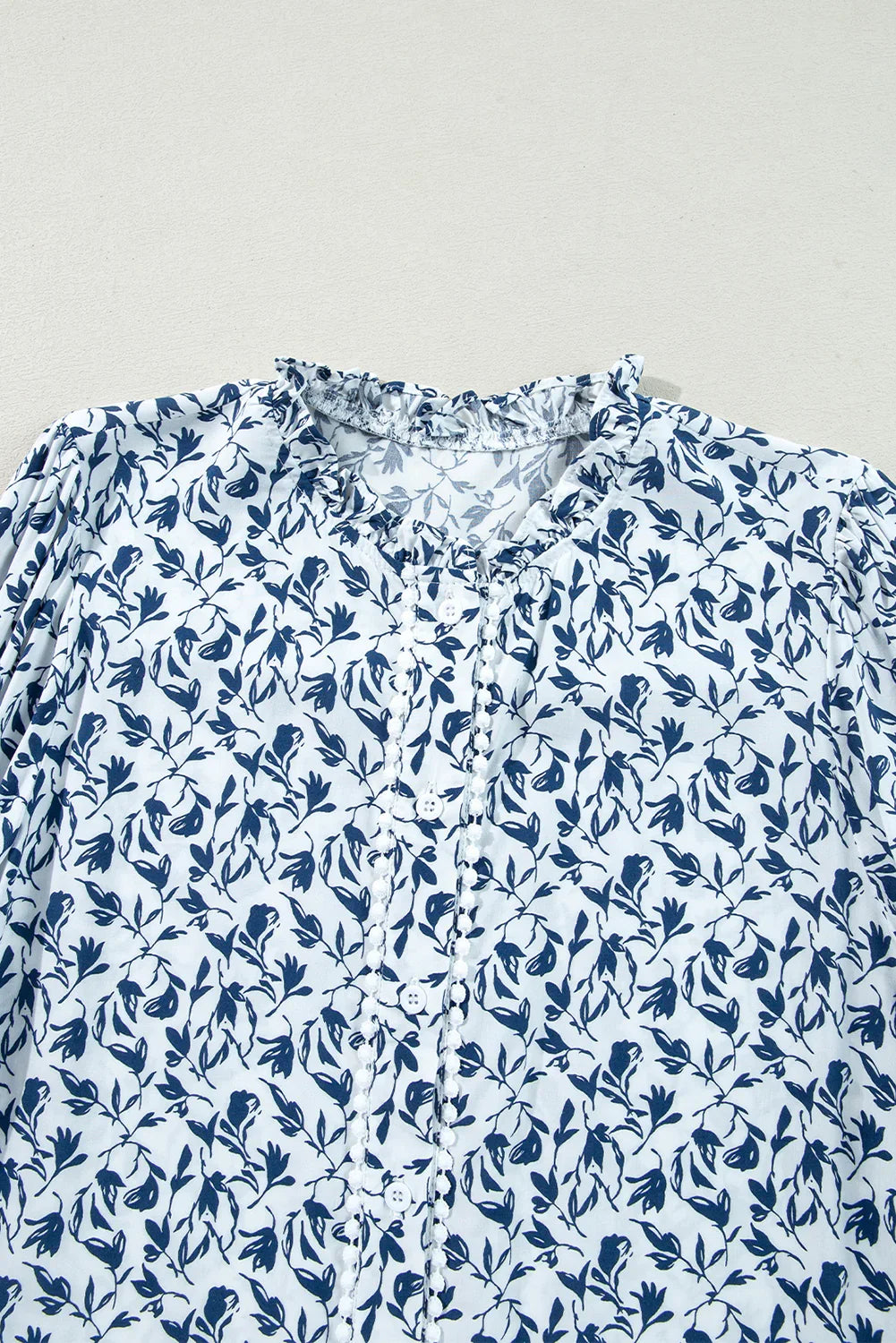 Blue Floral Print Lace Detail Puff Sleeve Shirt - minbolu -