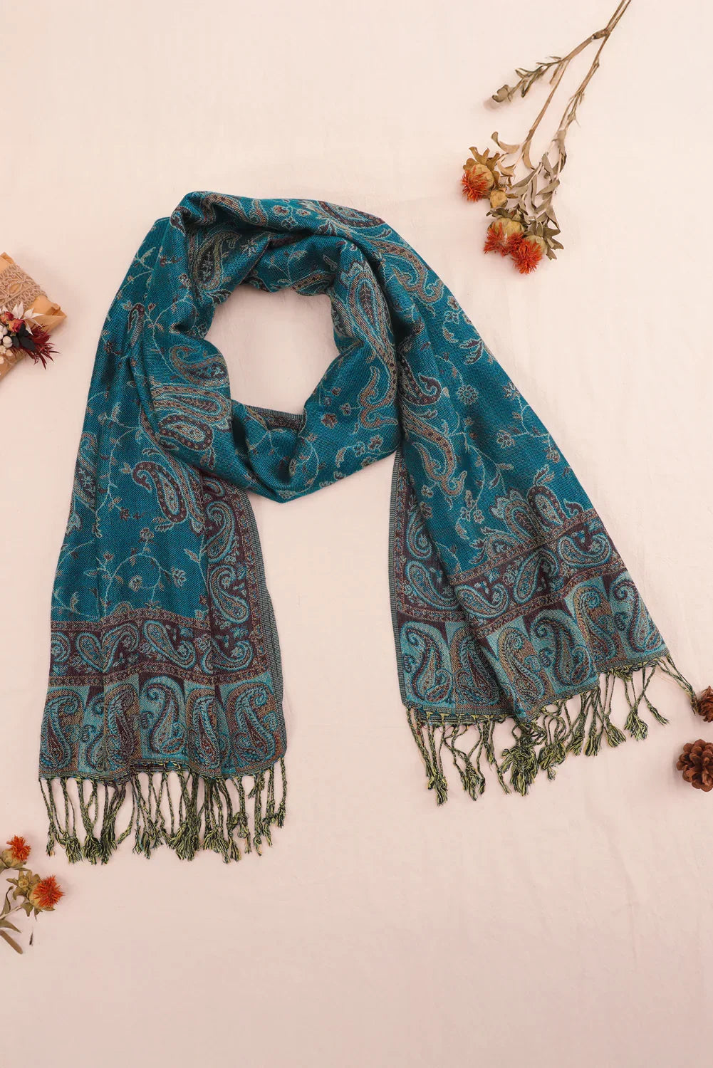 Peacock Blue Retro Paisley Print Tassel Trim Scarf - minbolu -