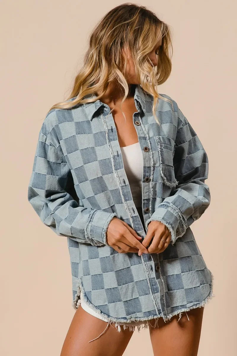 BiBi Frayed Edged Detail Washed Checker Denim Shirt - minbolu -