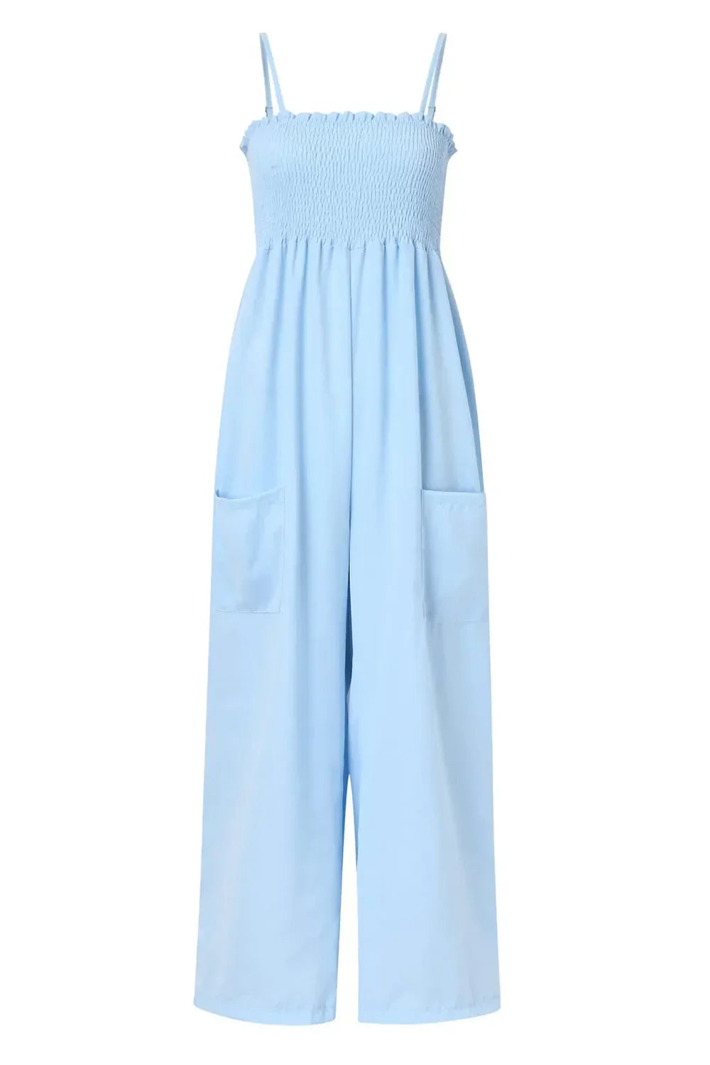 Smocked Spaghetti Strap Wide Leg Jumpsuit - minbolu -