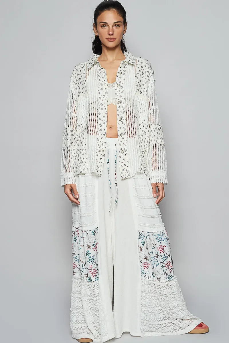 POL Floral Crochet Patchwork Long Sleeve Shirt - minbolu -