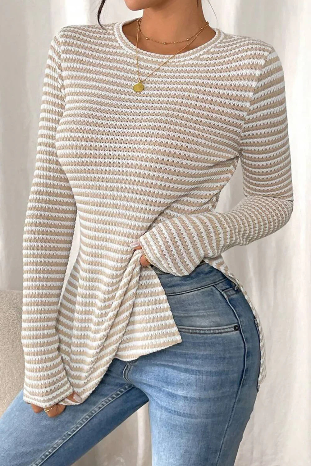 Jet Stream Striped Side Slit Round Neck Sheer Long Sleeve Top - minbolu -