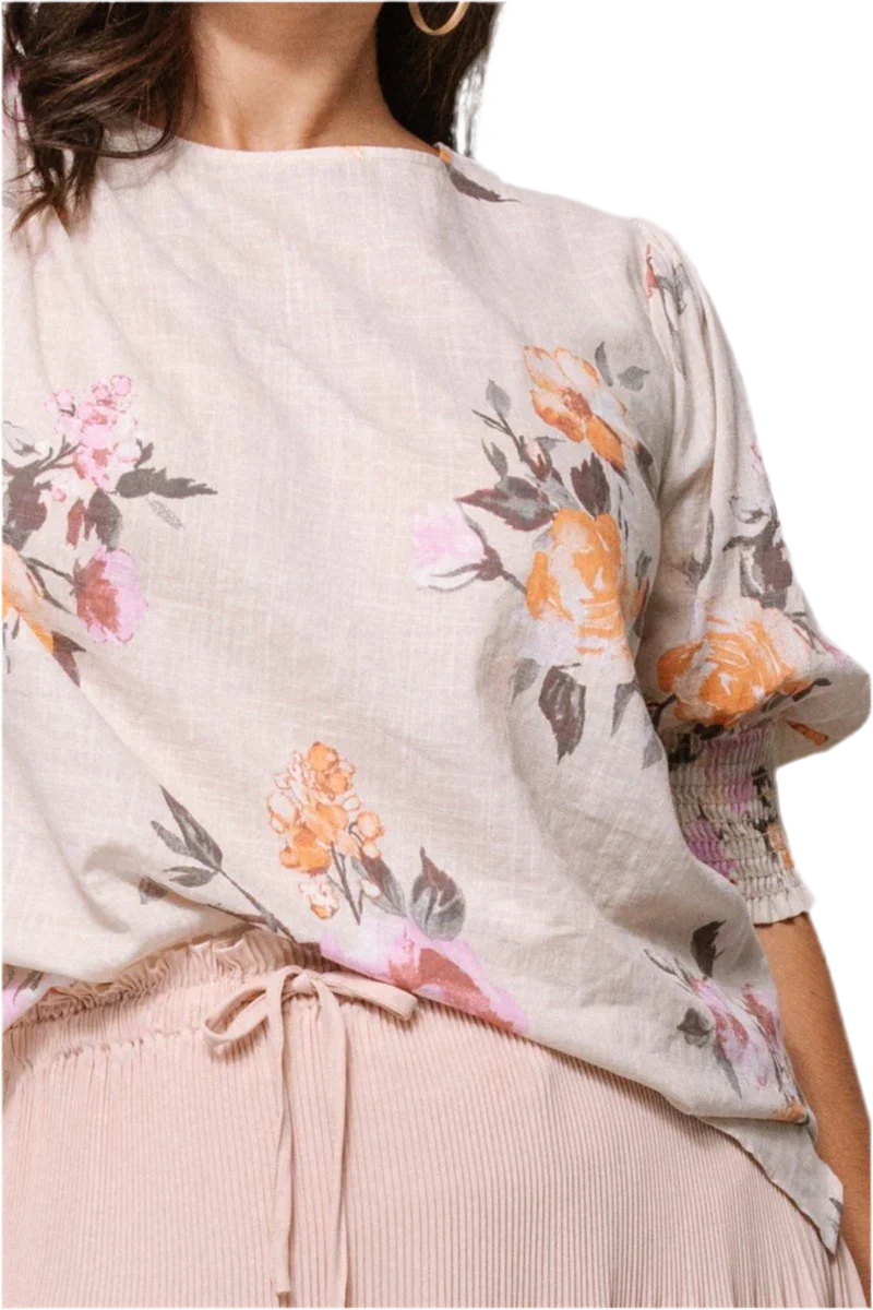 Floral Printed Woven Blouse in Oatmeal - minbolu -