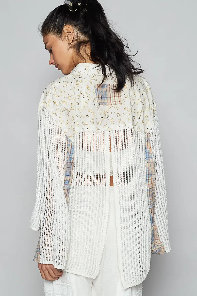 POL Floral Slit Back Plaid Patchwork Shirt - minbolu -