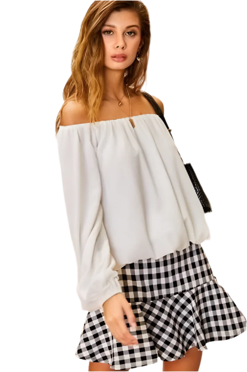 White Off-Shoulder Bubble Sleeve Top - minbolu -