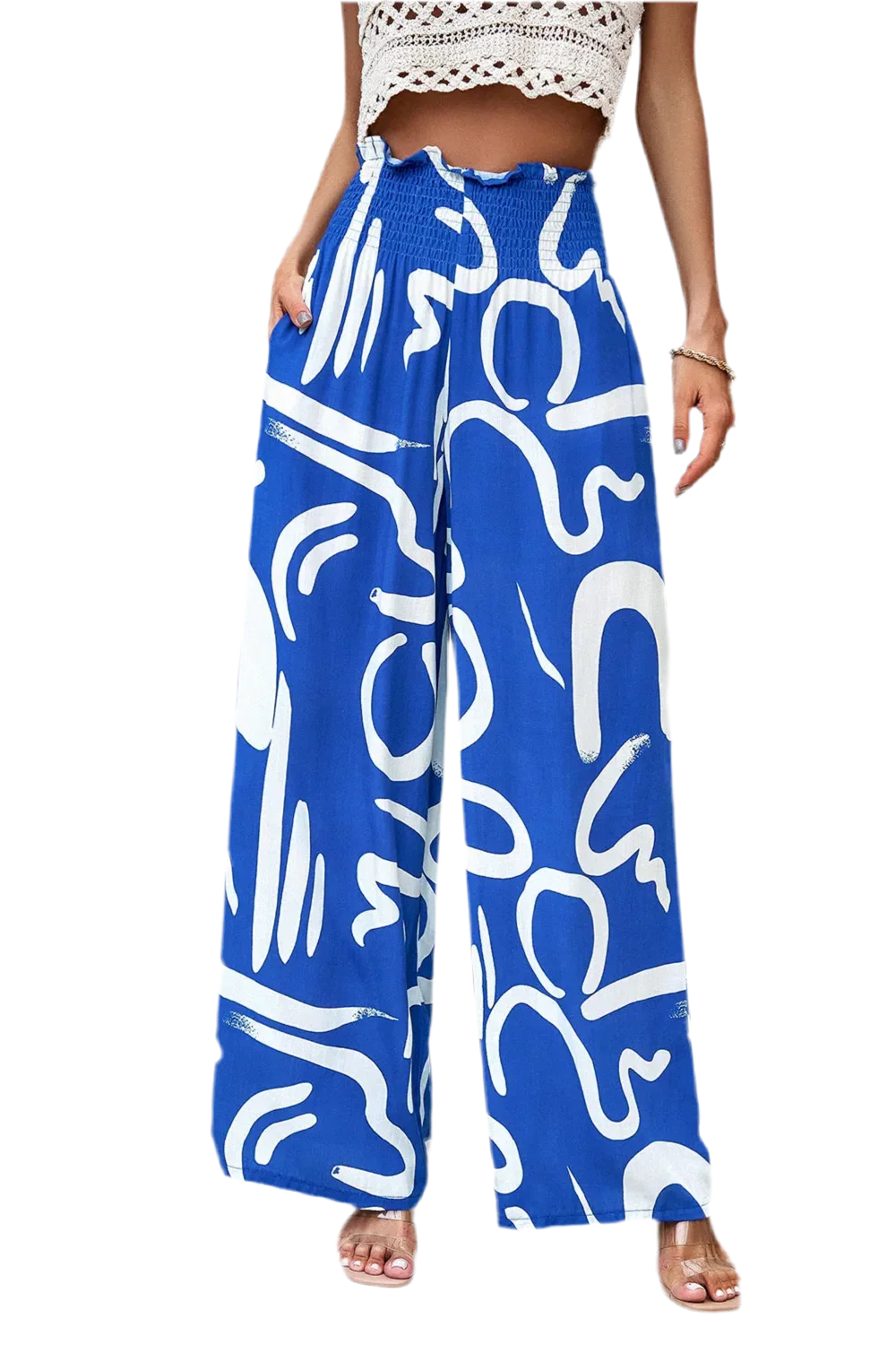 Printed Wide Leg Smocked Pants with Pockets - minbolu -
