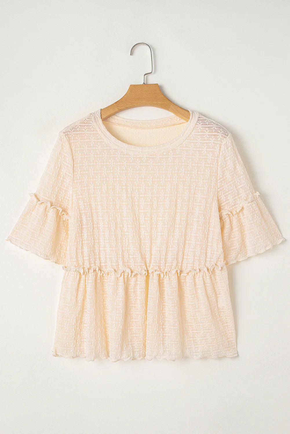 Boho Beige Lace Ruffle Blouse - Women's Elegant Textured Top - minbolu -