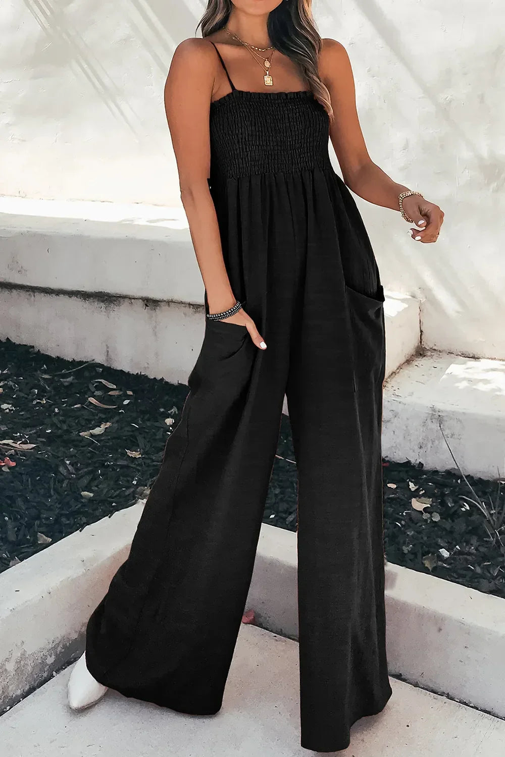 Smocked Spaghetti Strap Wide Leg Jumpsuit - minbolu -