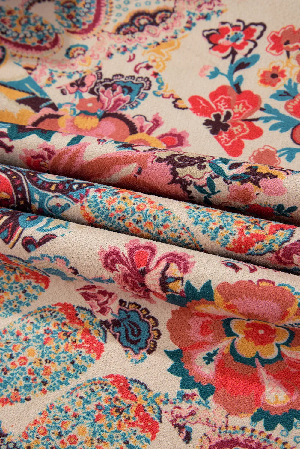 Beige Vintage Paisley Floral Printed Sherpa Lined Hooded Jacket - minbolu -