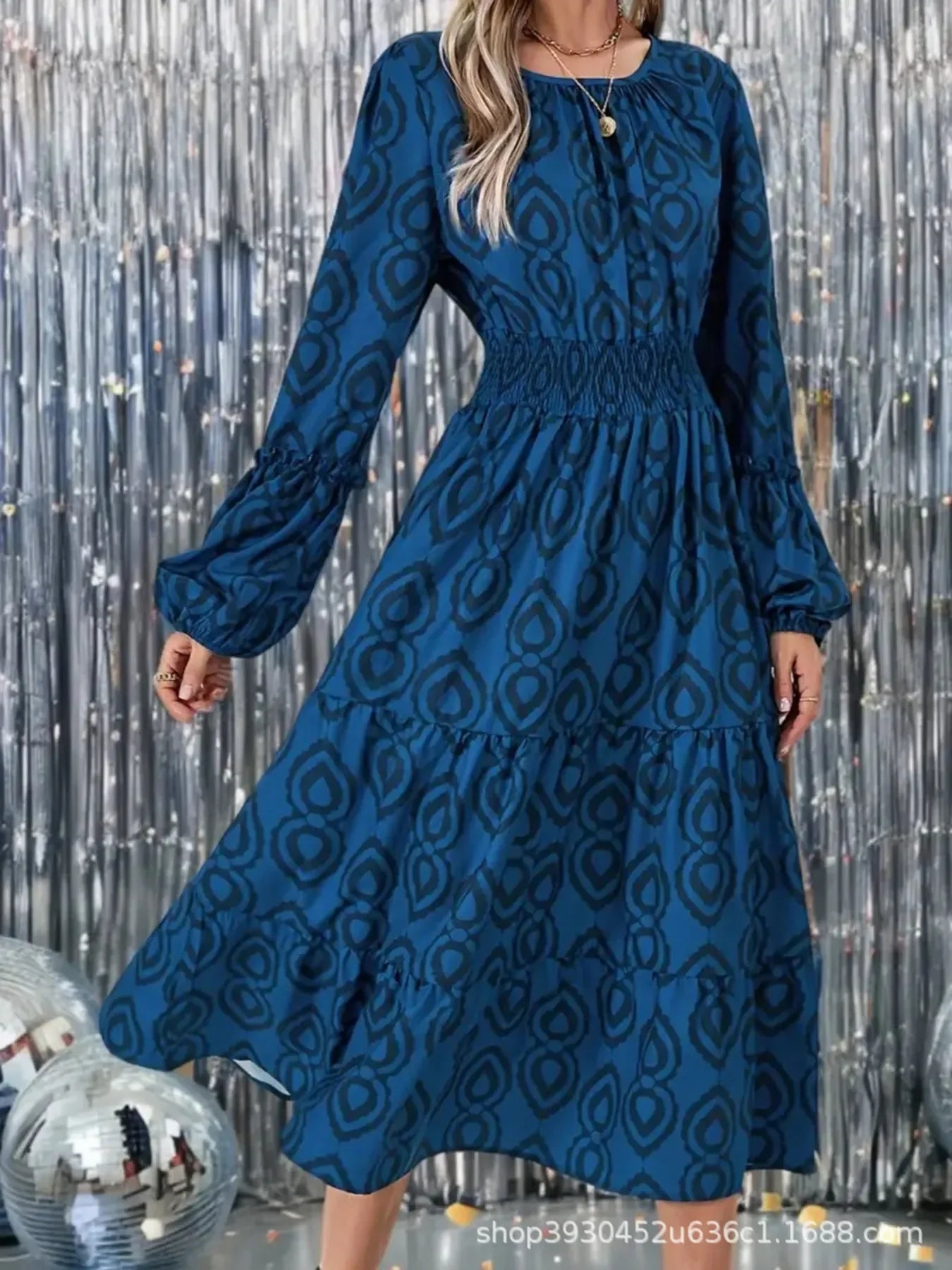 Printed Round Neck Balloon Sleeve Dress - minbolu -