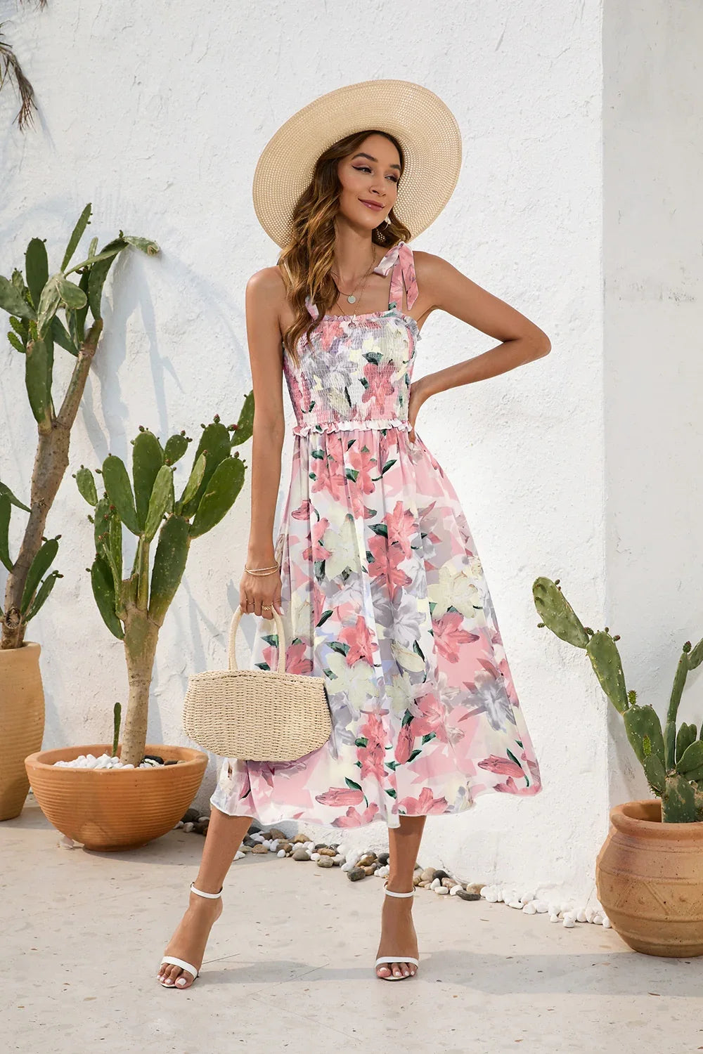 Printed Square Neck Midi Dress - minbolu -