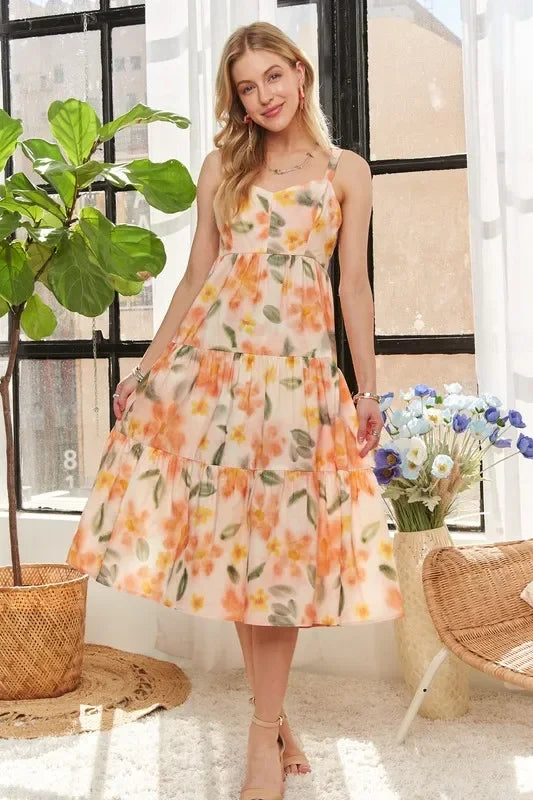 Boho Midi Dress - ADORA Smocked Back Floral Adjustable Strap Women's Dress - minbolu -