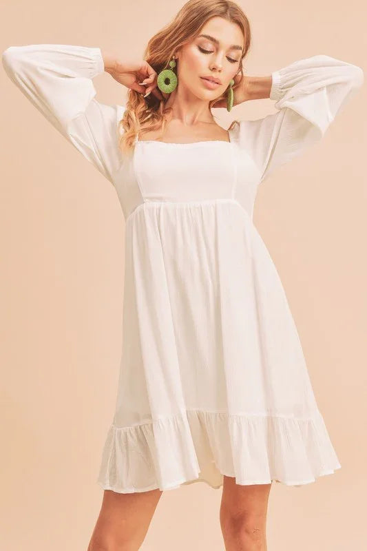 Ruffled Hem Square Neck Mini Dress - minbolu -