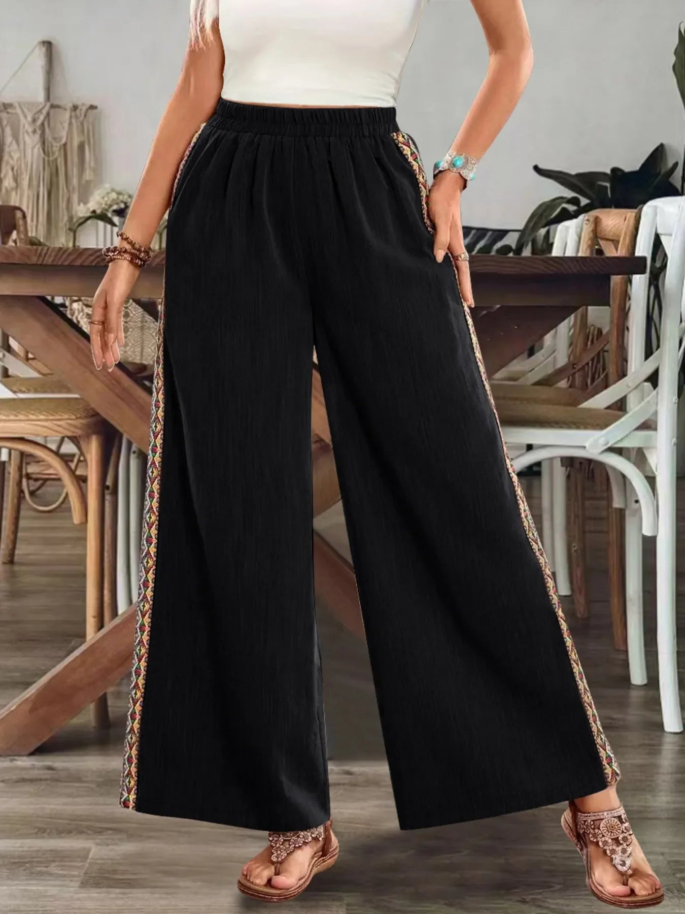 Bohemian Wide Leg Embroidered Side Stripe Pants - minbolu -