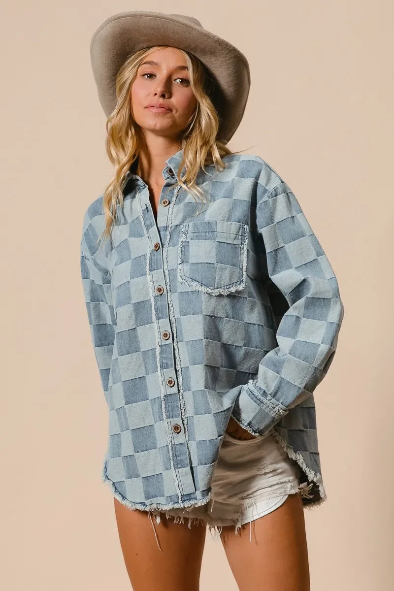 BiBi Frayed Edged Detail Washed Checker Denim Shirt - minbolu -