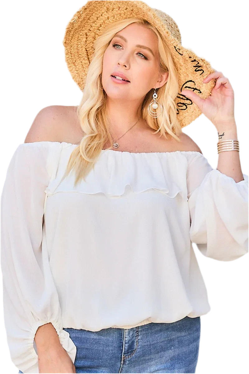 White Off Shoulder Ruffle Bubble Sleeve Top - minbolu -