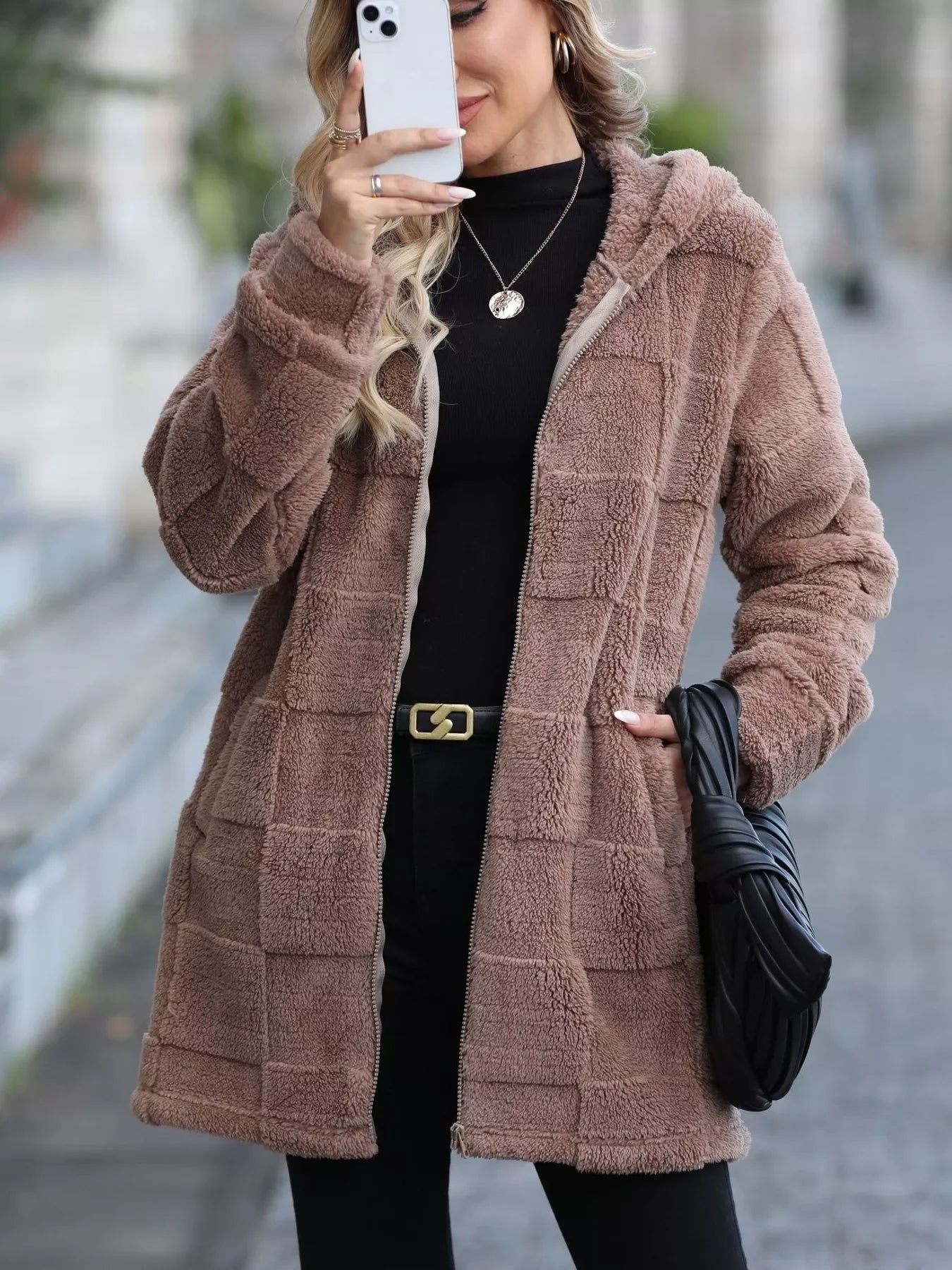 Boho Outerwear - Women's Oversized Fleece Zip-Up Hooded Jacket - minbolu -