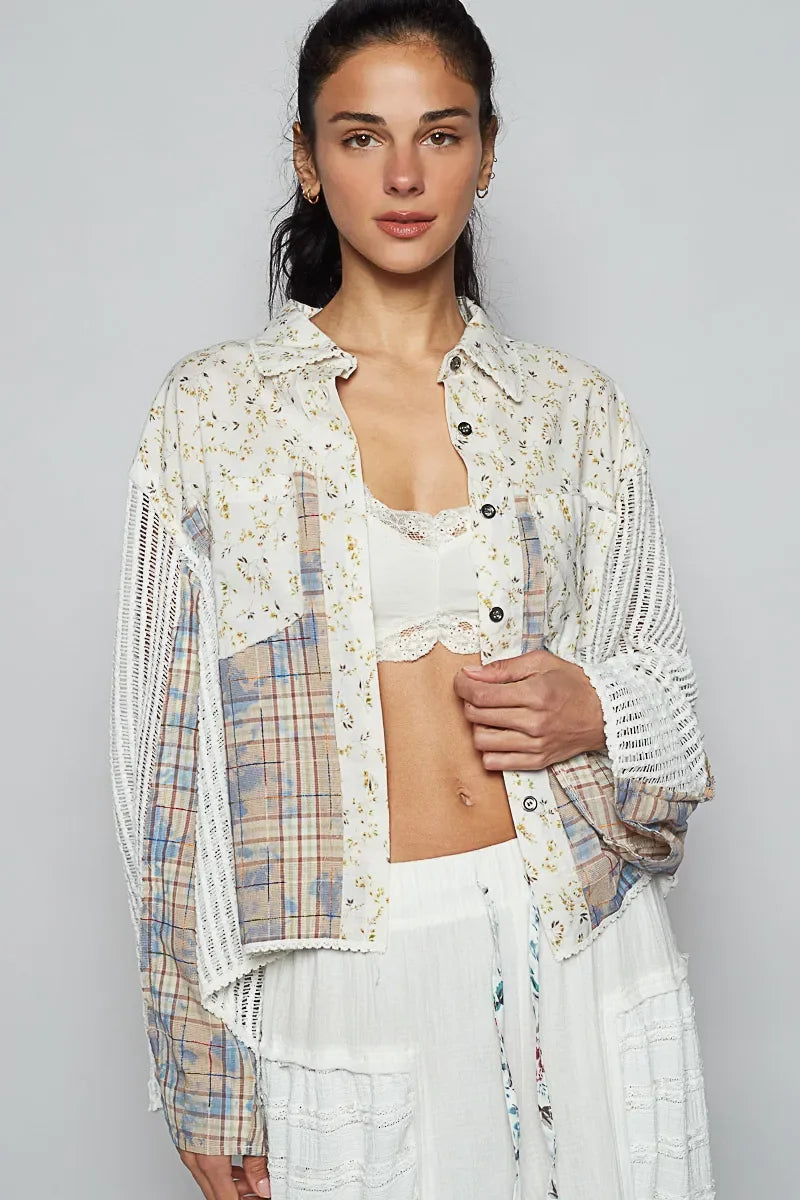 POL Floral Slit Back Plaid Patchwork Shirt - minbolu -