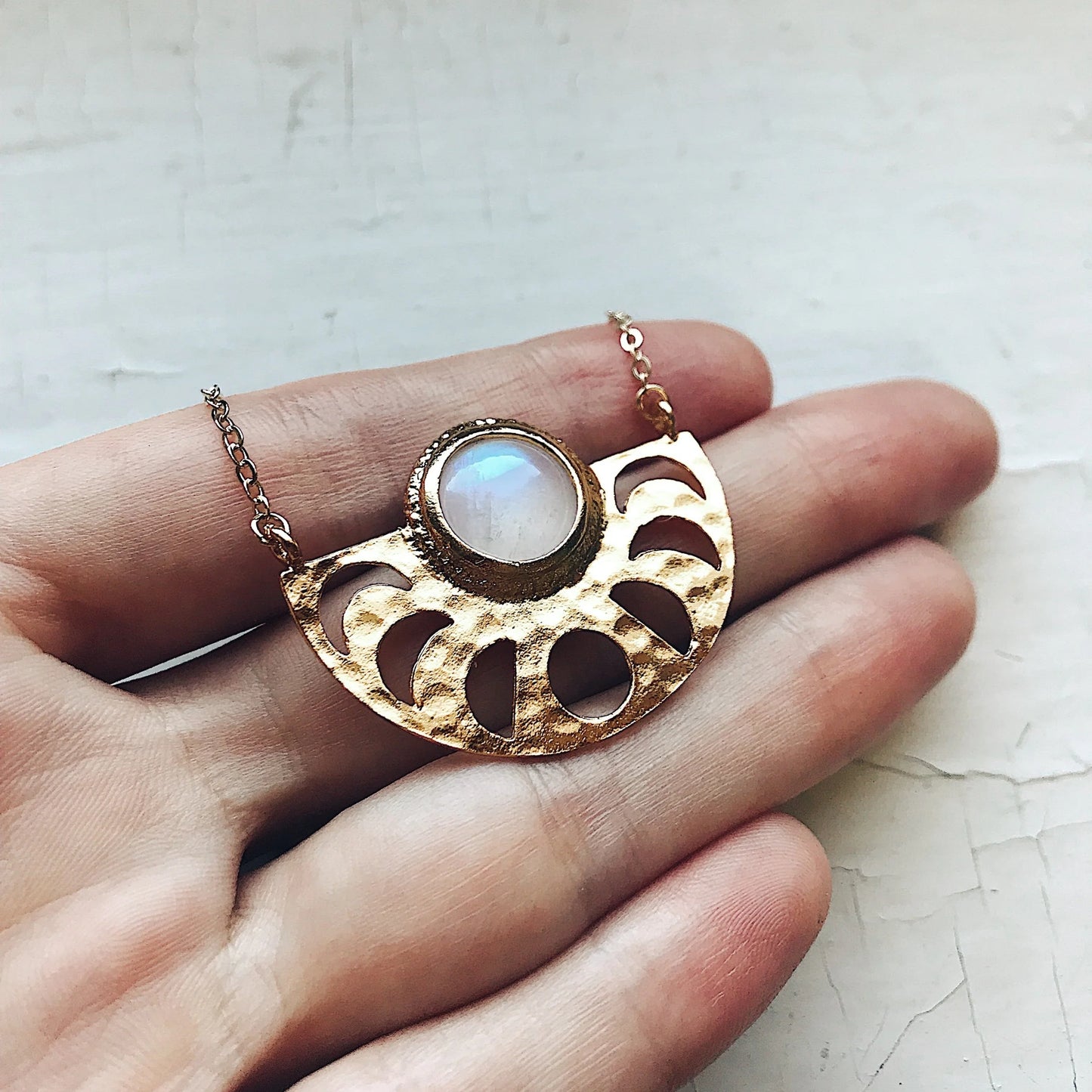 Moon Goddess Necklace - Moon Phases Rainbow Moonstone Pendant - minbolu -