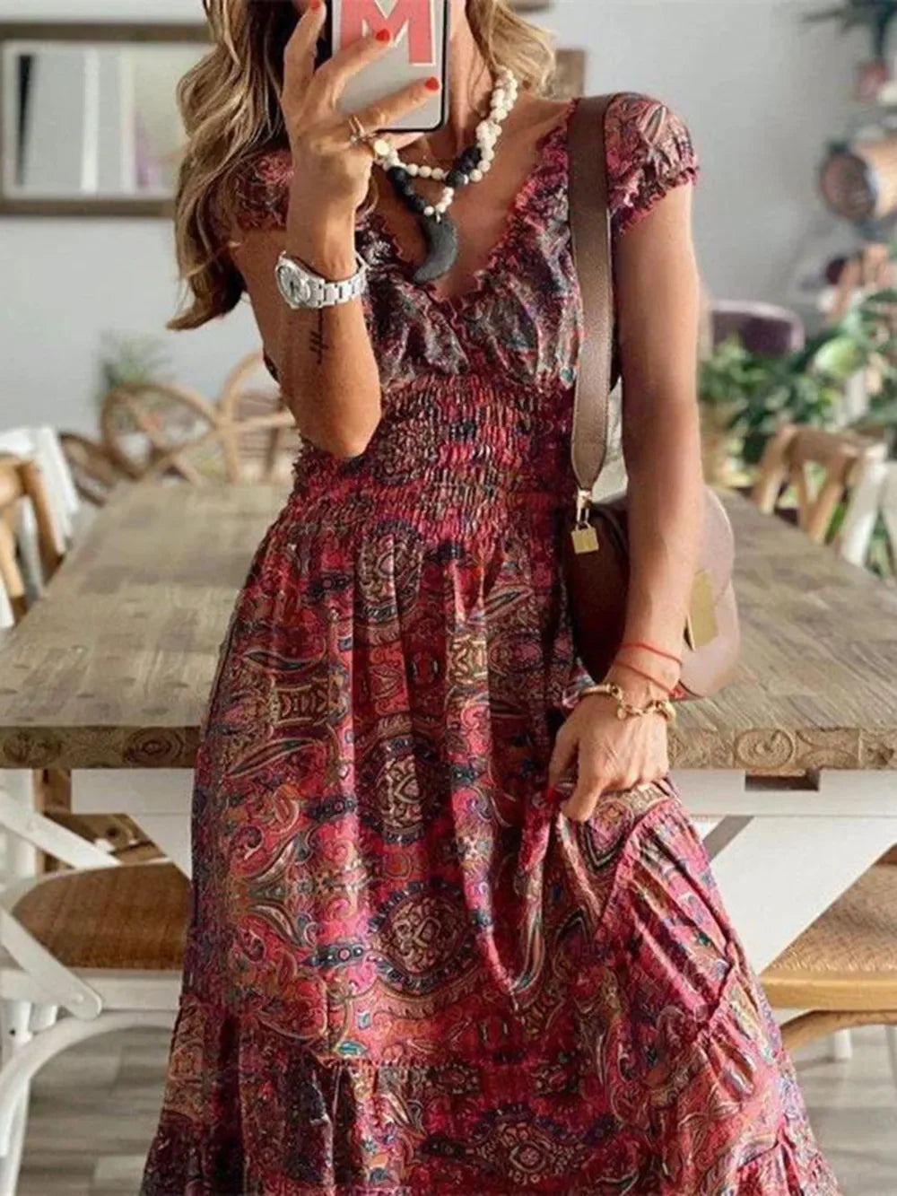 Full Size Smocked Printed V-Neck Short Sleeve Dress - minbolu -