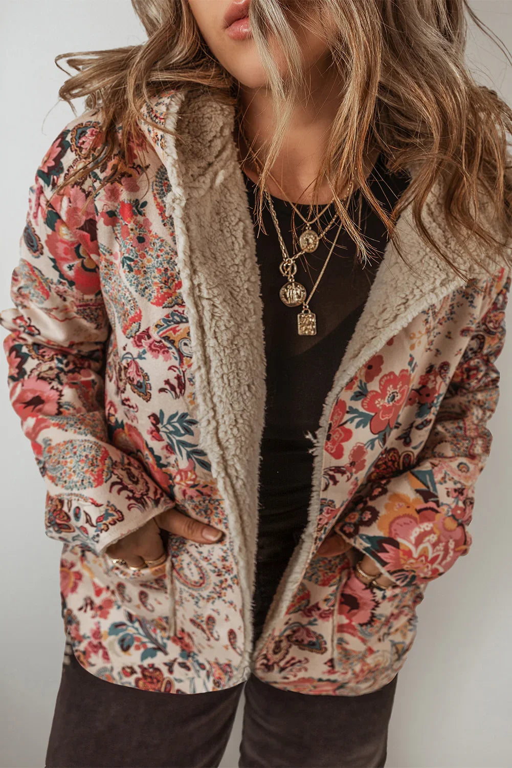 Beige Vintage Paisley Floral Printed Sherpa Lined Hooded Jacket - minbolu -