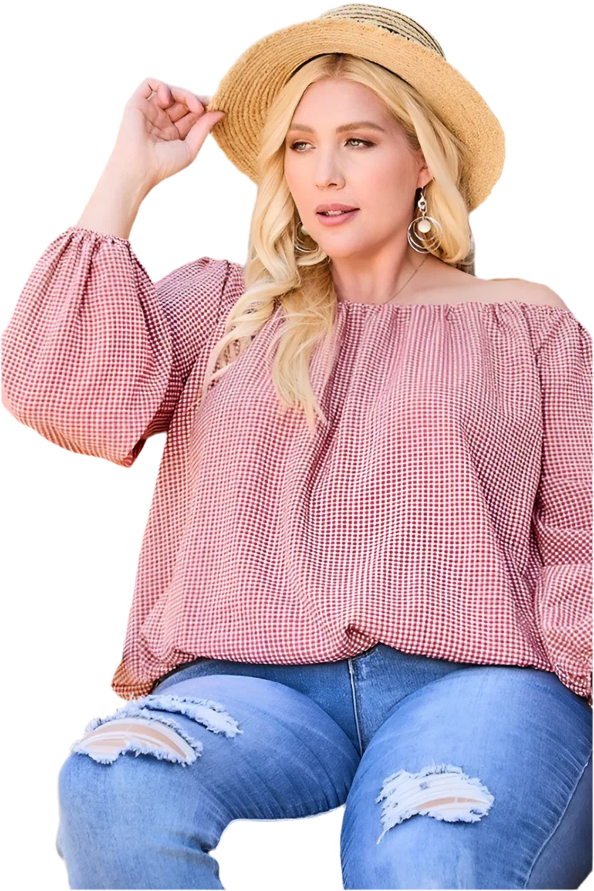 Off Shoulder Long Bubble Sleeve Plaid Top in Brick - minbolu -