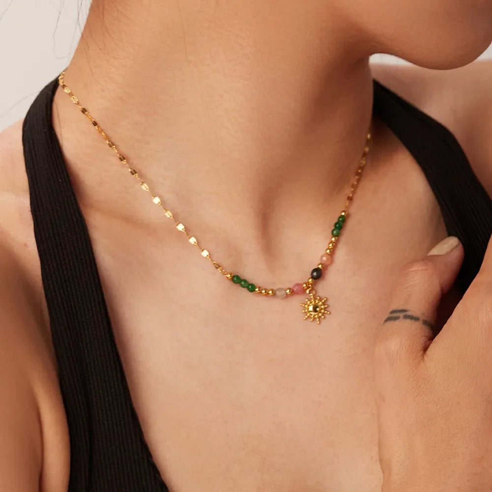 Bohemian Sun Charm Beaded Stainless Steel Necklace - minbolu -