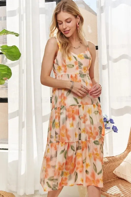 Boho Midi Dress - ADORA Smocked Back Floral Adjustable Strap Women's Dress - minbolu -