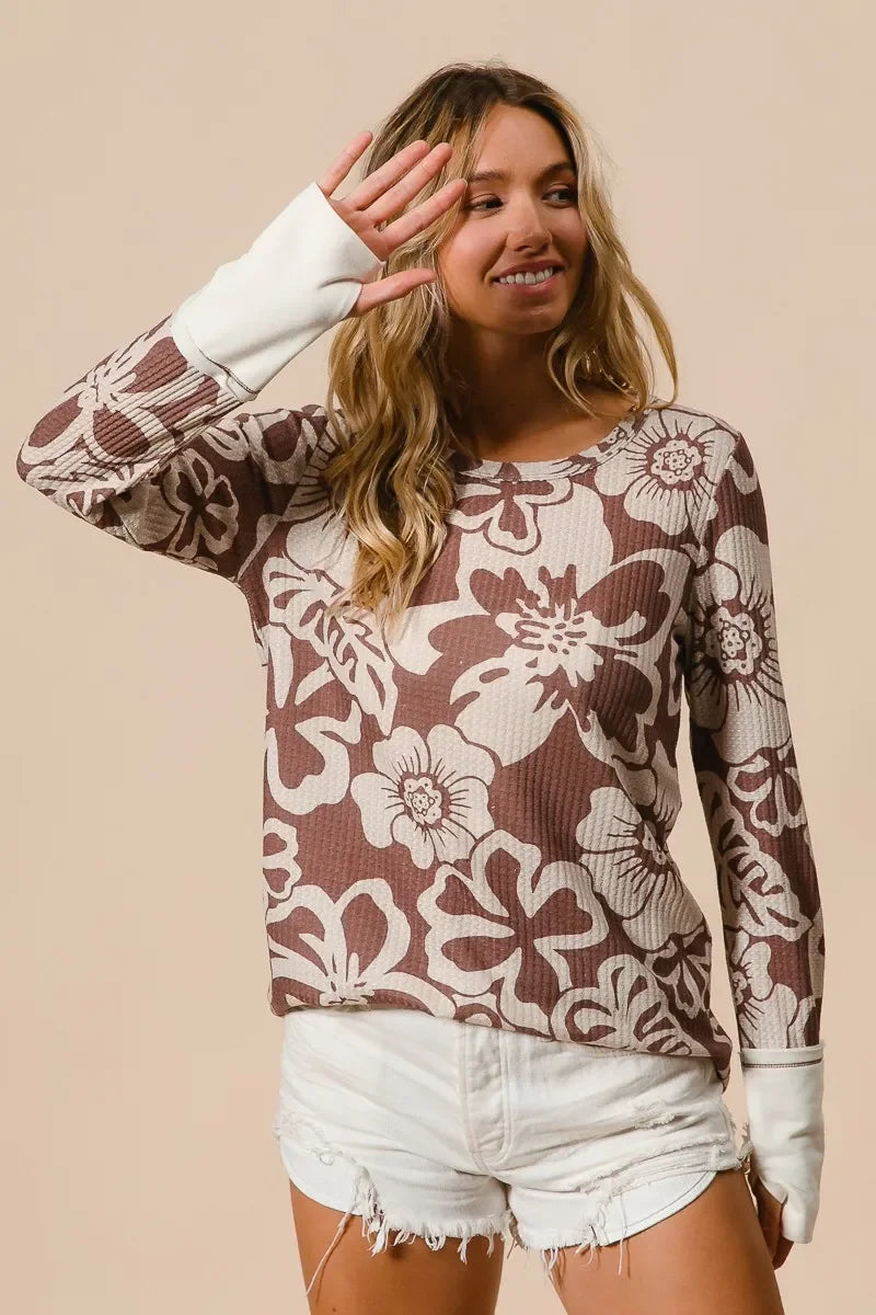 Women's Long Sleeve Top - BiBi Flower Printed Waffle Thumb Opening Boho Long Sleeve Top - minbolu -