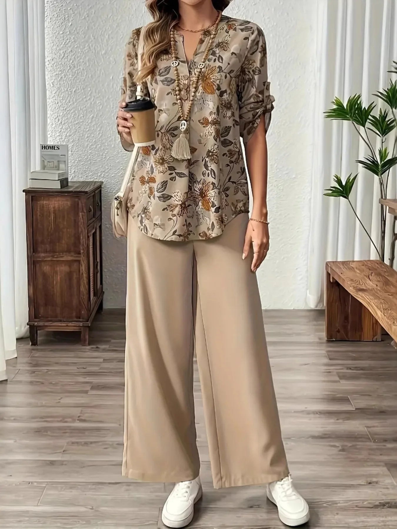 Printed Notched Long Sleeve Top and Pants Set - minbolu -