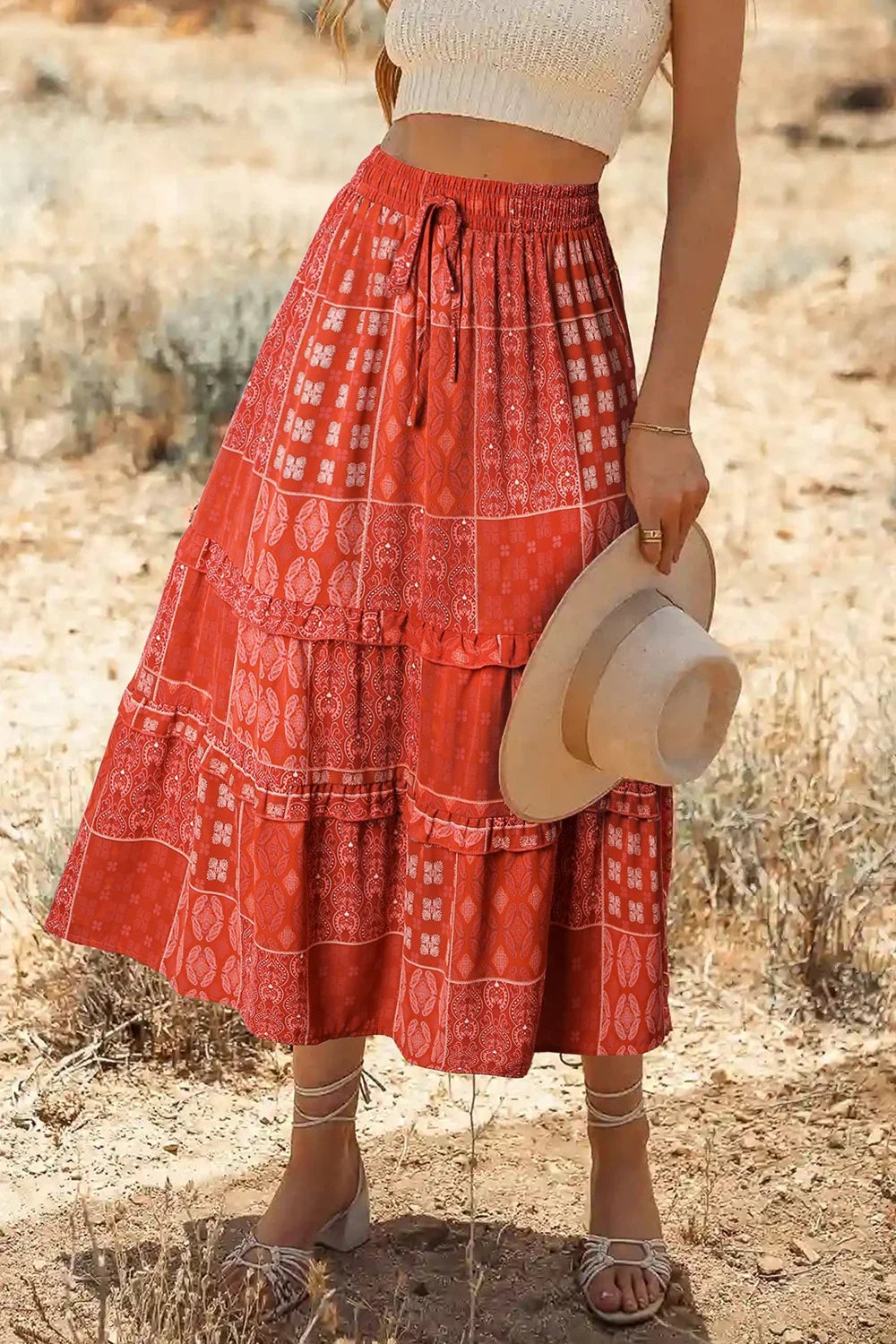 Printed Drawstring Midi Skirt - Stylish & Comfortable - minbolu -