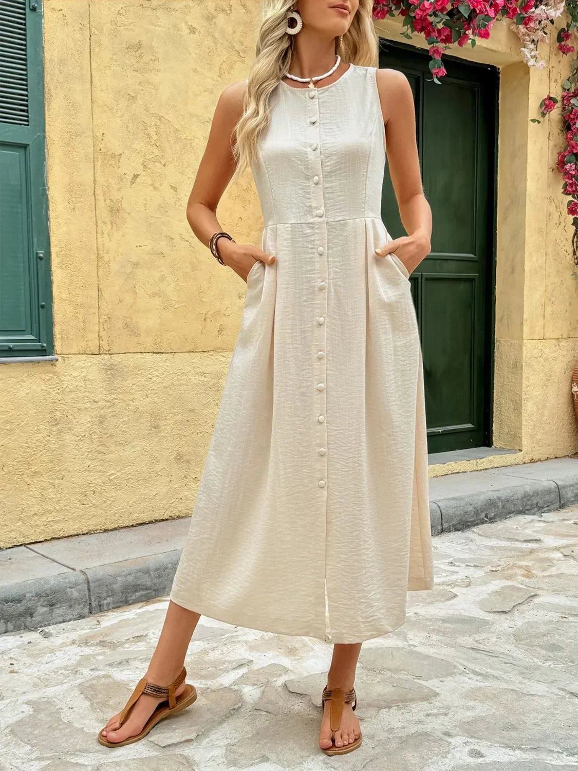 Round Neck Sleeveless Midi Dress - minbolu -