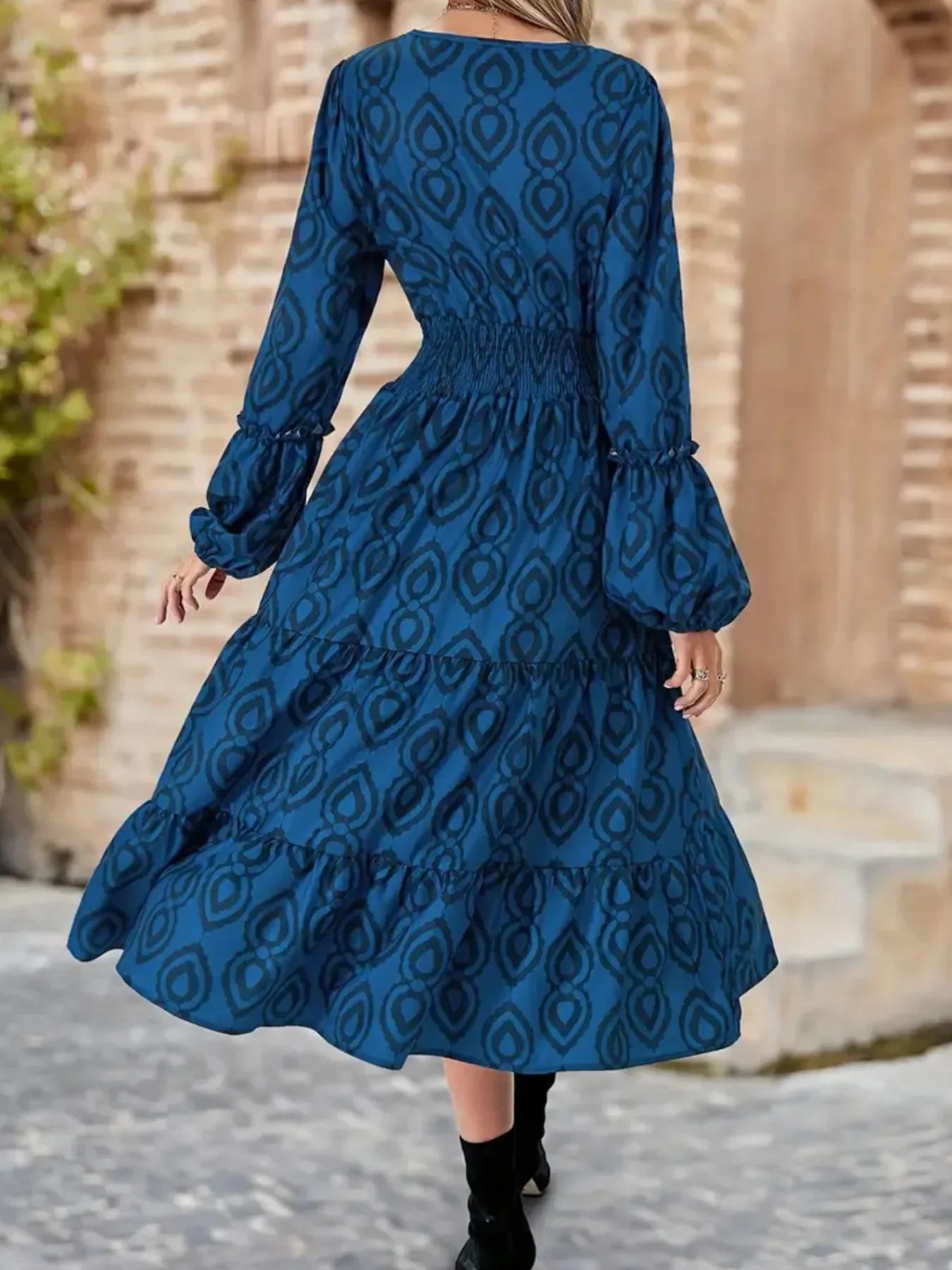 Printed Round Neck Balloon Sleeve Dress - minbolu -