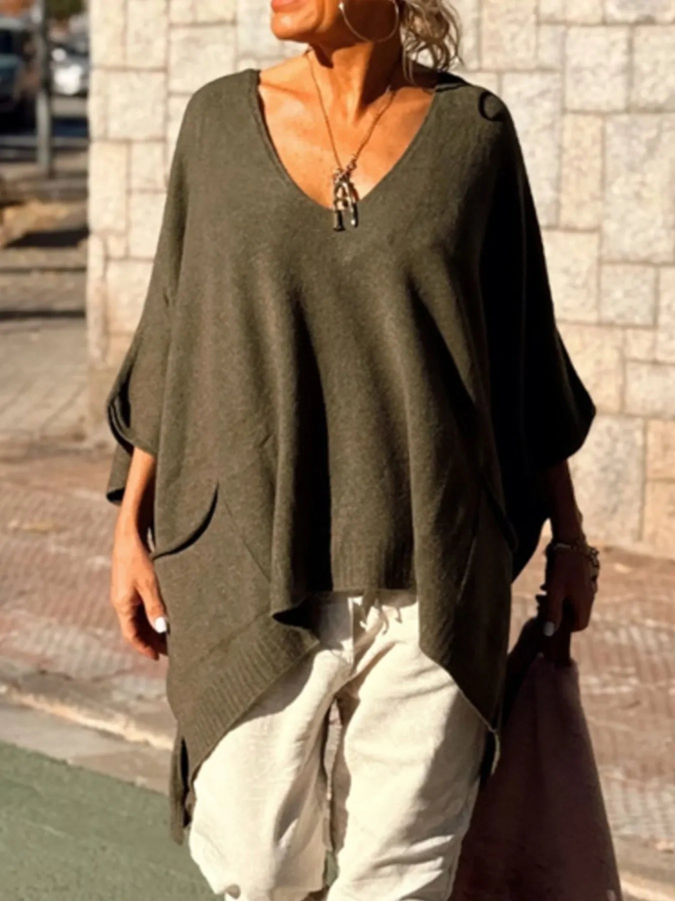 Ribbed Hem V-Neck Sweater - minbolu -