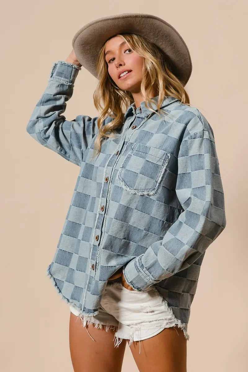 BiBi Frayed Edged Detail Washed Checker Denim Shirt - minbolu -