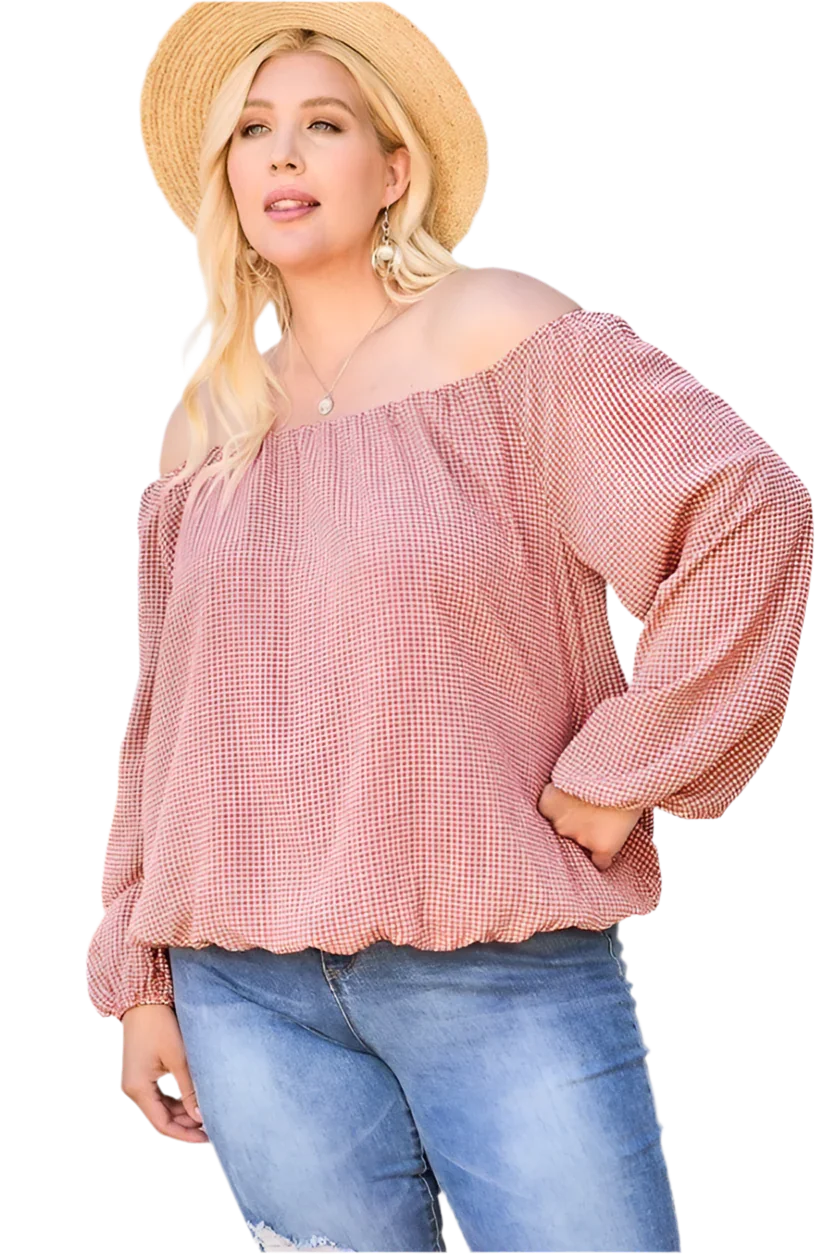 Off Shoulder Long Bubble Sleeve Plaid Top in Brick - minbolu -