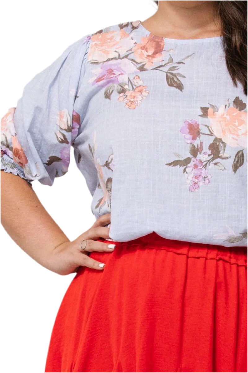 Floral Printed Woven Blouse - Spring Blue - minbolu -