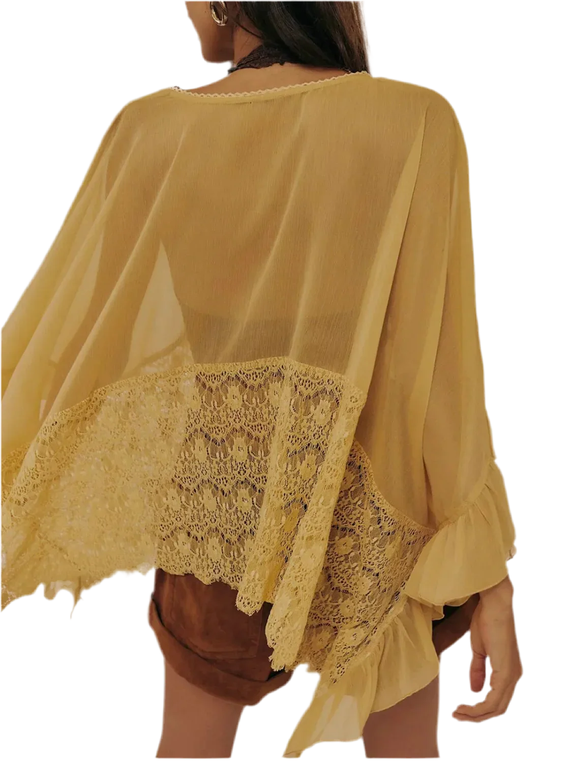 Lace V-Neck Ruffle Cover-Up - Beach Blouse - minbolu -