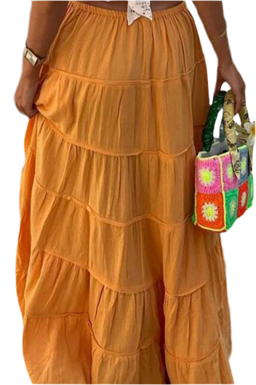 Boho Chic Tiered Maxi Skirt - Tangerine - minbolu -