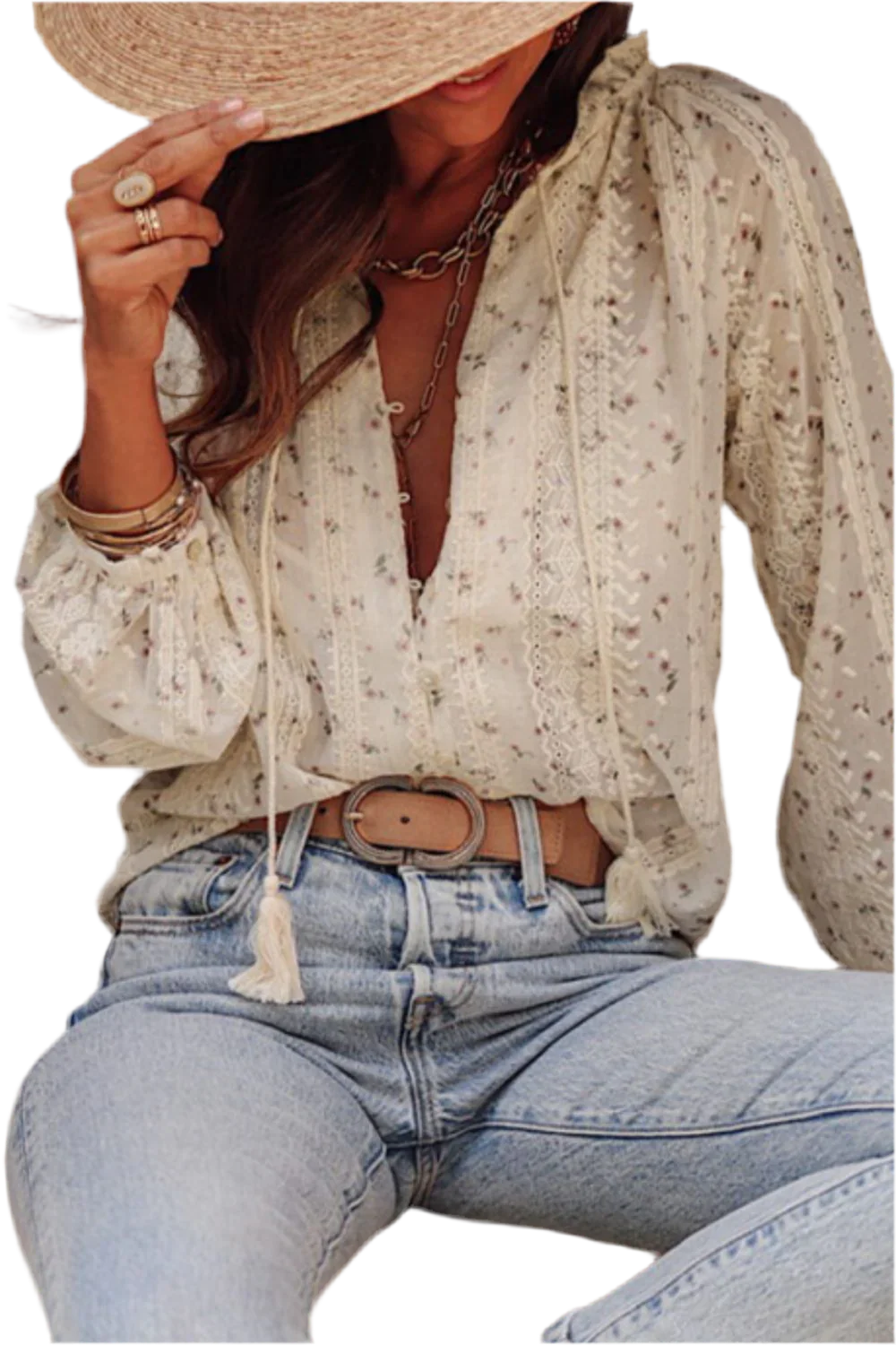 Frill Lace Detail Printed Long Sleeve Blouse - minbolu -